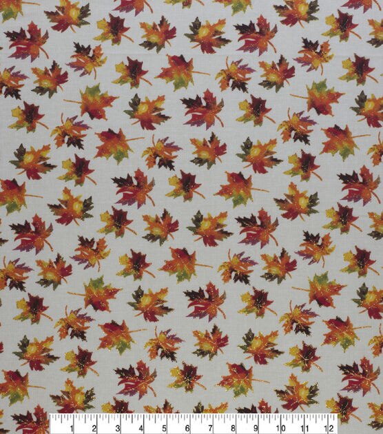 Watercolor Leaves Outline Glitter Harvest Cotton Fabric, , hi-res, image 2