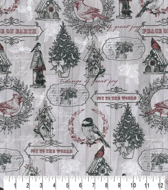 Bird Houses on Gray Wood Christmas Cotton Fabric