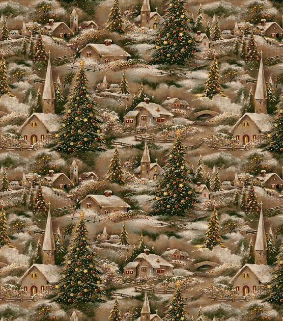 David Textiles Winter Village Scene Christmas Glitter Cotton Fabric