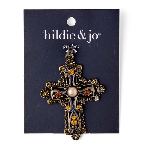76mm x 51mm Oxidized Brass & Amber Cross Metal Pendant by hildie & jo