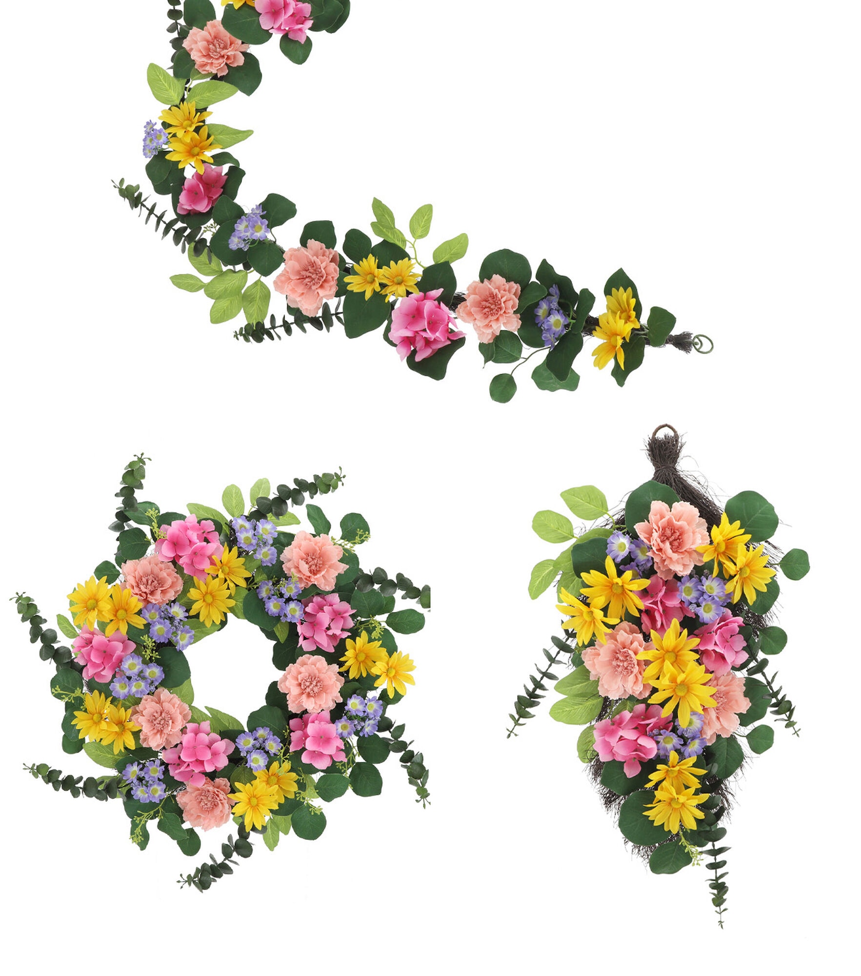 Spring Pink Peony & Daisy Coordinating Wreath, Garland, & Teardrop