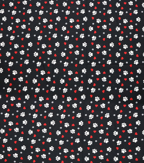 Paw Prints And Hearts On Black Super Snuggle Flannel Fabric, , hi-res, image 2