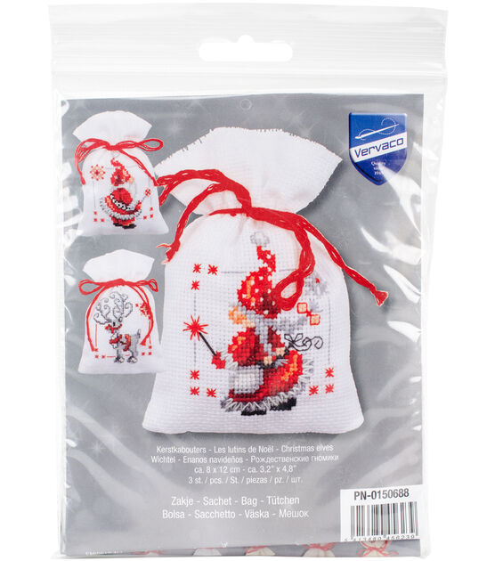 Vervaco 3" x 5" Christmas Elves Sachet Bag Counted Cross Stitch Kit 3ct
