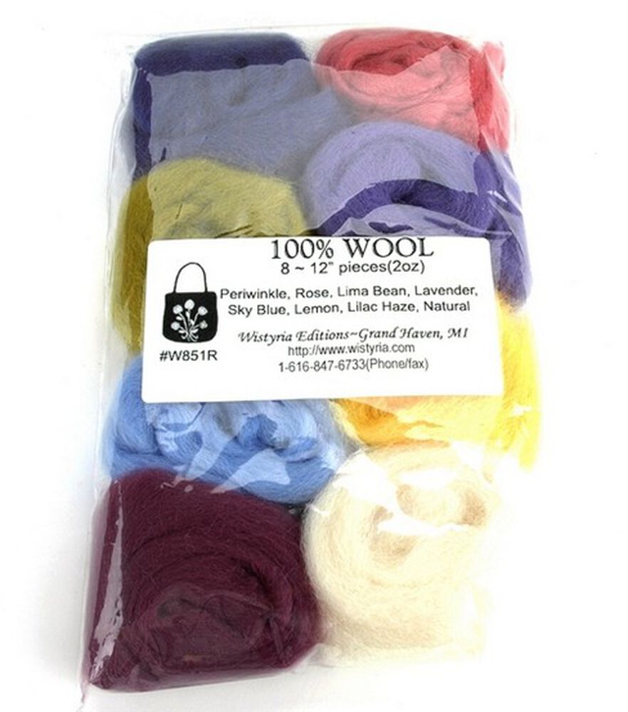 Wistyria Editions .22oz  Needle Felting Roving Wool, Periwinkle/rose/lima Beans/lav, swatch