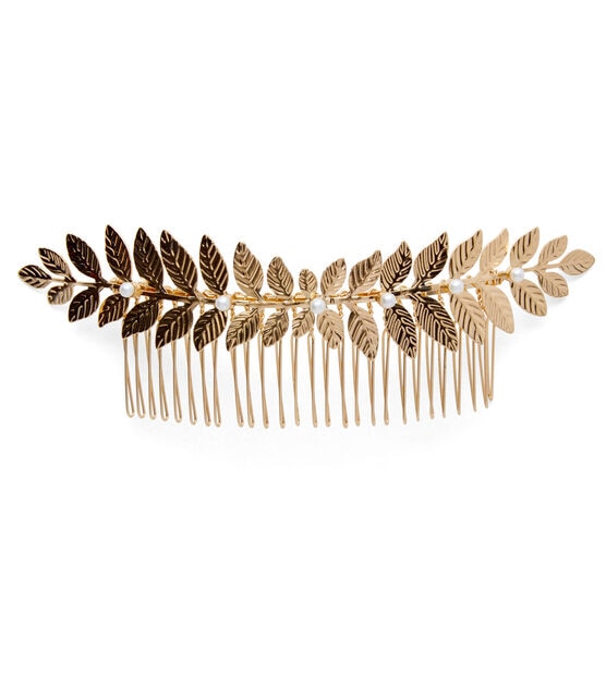 Gold Large Leaf Hair Comb With Pearls by hildie & jo, , hi-res, image 2