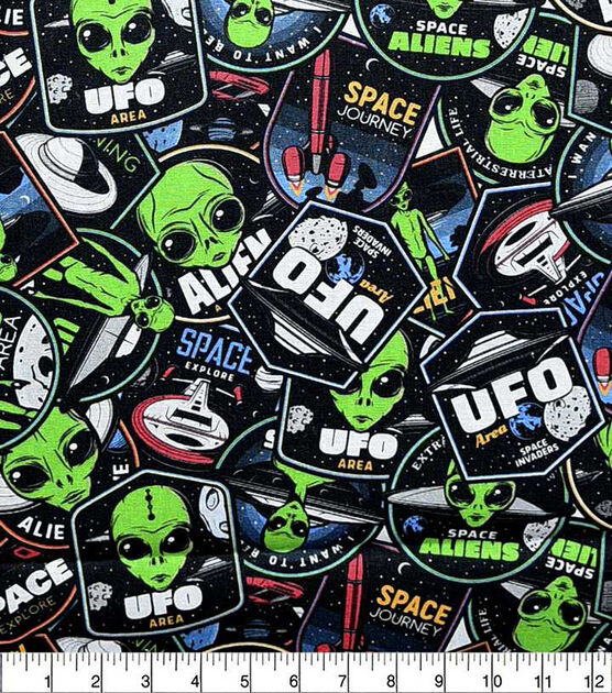 Packed Alien Patches Novelty Print Fabric, , hi-res, image 2