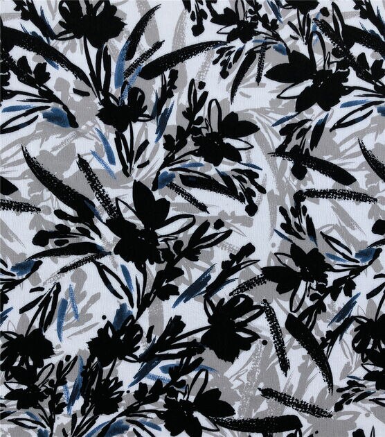 White Black Brushstroke Floral Crinkle Rayon Fabric, , hi-res, image 2