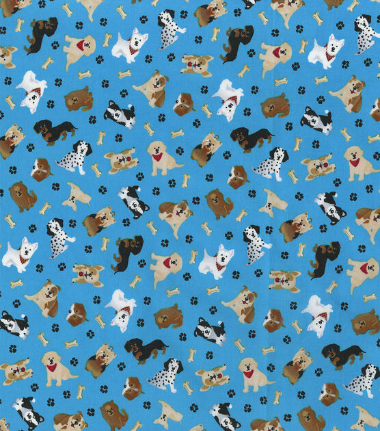 Hi Fashion Tossed Pups on Teal Novelty Cotton Fabric