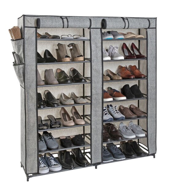 Simplify 46" x 48" Gray 7 Tier Double Wide 14 Shelf Shoe Closet