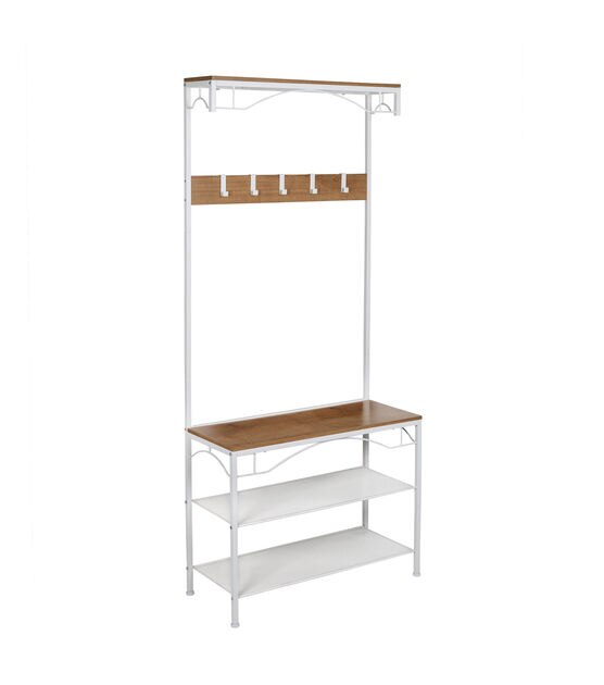 Honey Can Do 70" White & Natural Coat Rack Bench With Shoe Storage, , hi-res, image 2