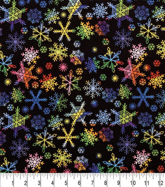 Multicolor Snowflakes on Black Christmas Cotton Fabric