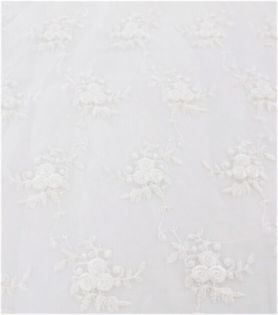 White Pearl Embroidered Roses Mesh Fabric by Sew Sweet