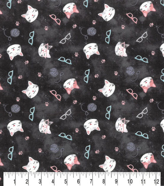 Premium Prints Cotton Fabric Tossed Cats & Glasses