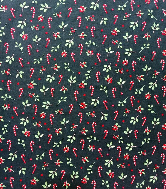 Candy Canes & Holly on Green Christmas Cotton Fabric
