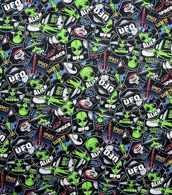 Packed Alien Patches Novelty Print Fabric