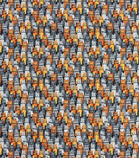 Linear Cats Gray and Orange Novelty Cotton Fabric
