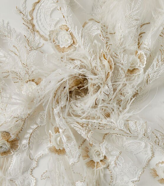 Badgley Mischka Champagne Ostrich Feather Mesh Fabric, , hi-res, image 3