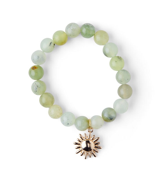 Ivory & Green Beaded Stretch Bracelet With Gold Charm by hildie & jo, , hi-res, image 2