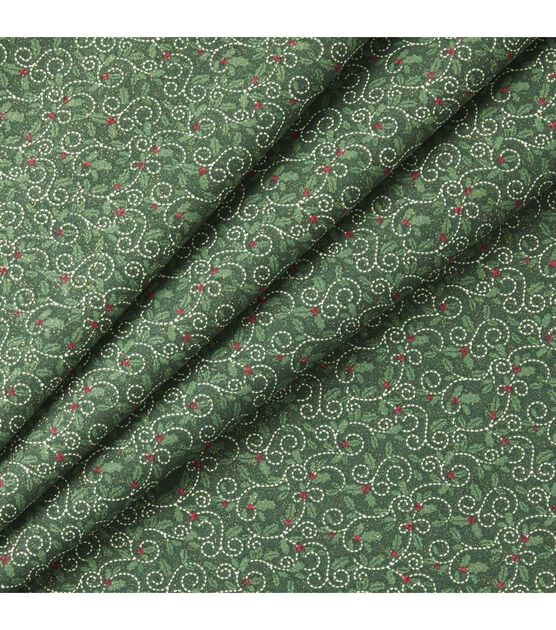 Green Holly Christmas Glitter Cotton Fabric, , hi-res, image 2