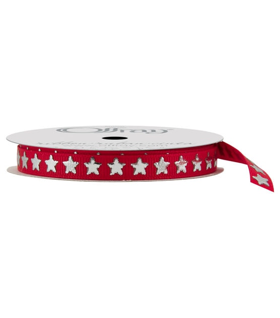 Offray Grosgrain Ribbon 3/8''x9' Silver Stars on Red