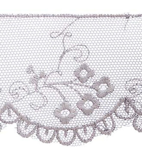 Simplicity Embroidered Scalloped Mesh Lace Trim 2'' Light Gray, , hi-res, image 2