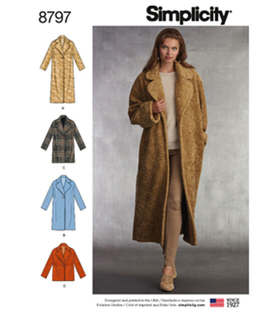 Simplicity S8797 Size XS to XL Misses Loose Fitting Coat Sewing Pattern