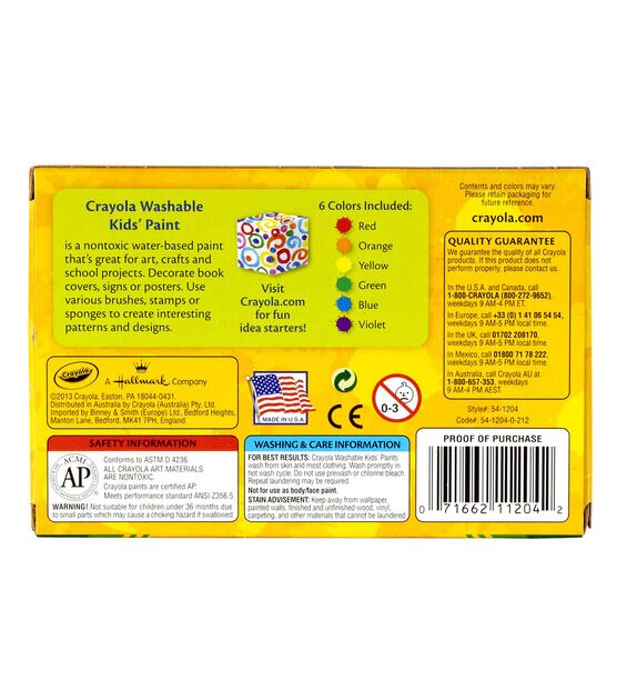 Crayola Washable Kids Paint 2oz 6 Pkg Classic, , hi-res, image 2