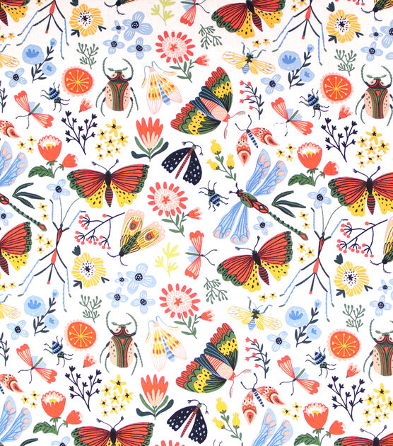 Multicolor Bright Bugs & Flora Novelty Prints Cotton Fabric