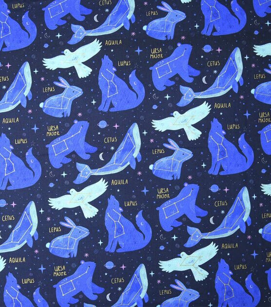 Astrology Story Blue Metallic Novelty Print Cotton Fabric