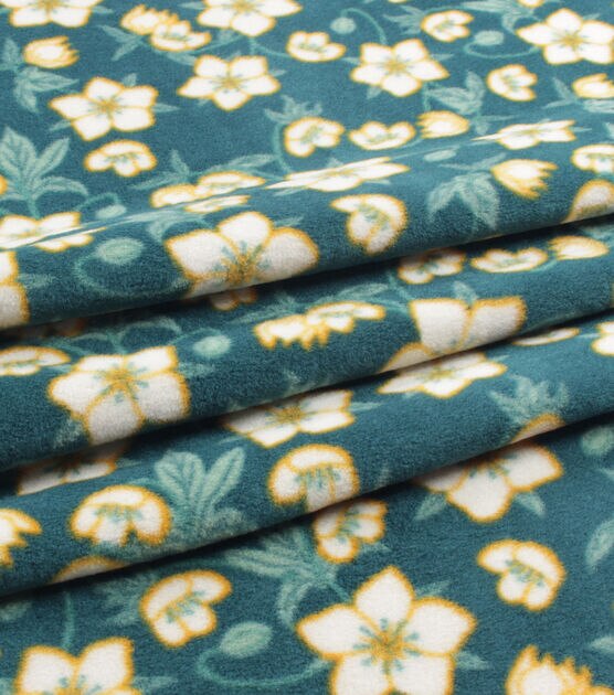 Yellow Floral on Green Anti Pill Fleece Fabric, , hi-res, image 2