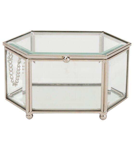 Home Details 5.5" Silver Vintage Mirrored Diamond Glass Keepsake Box, , hi-res, image 2