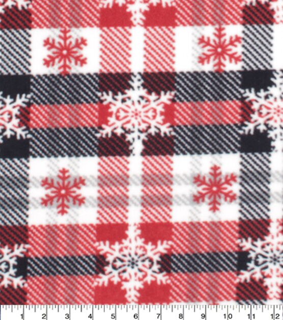Snowflakes on Red & Black Plaid Anti Pill Fleece Fabric, , hi-res, image 3