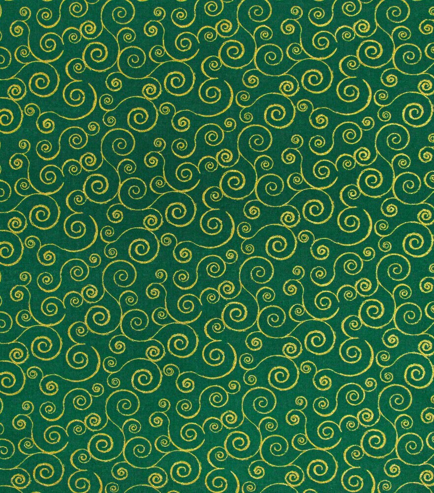 Scrolls Christmas Glitter Cotton Fabric, Green, swatch