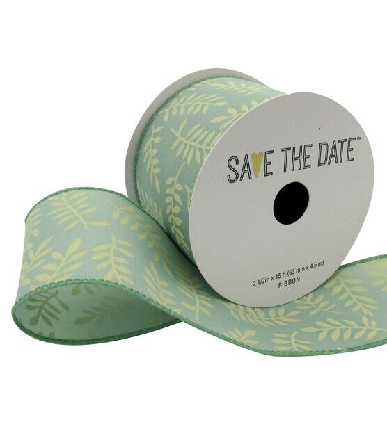 Save the Date 2.5"x15' Ivory Ferns Green Woven Ribbon