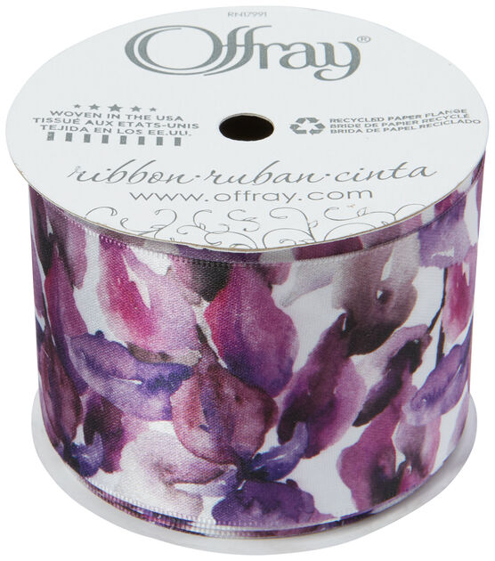 Offray 2.25"x9'Vivid Violet Floral Satin Wired Edge Ribbon Purple, , hi-res, image 2
