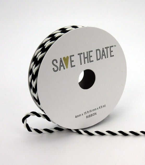 Save the Date 4mm x 15' Black & White Twisted Cord Ribbon