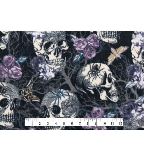 Purple & White Floral Skulls Anti Pill Fleece Fabric, , hi-res, image 4
