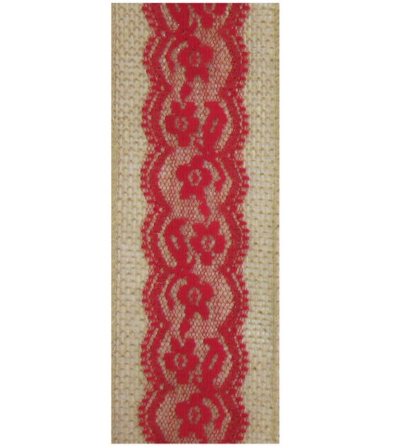 Decorative Ribbon Lace on Burlap 2.5''x12' Red, , hi-res, image 2