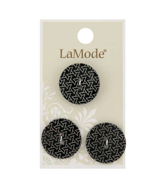 La Mode 7/8"Geometric on Black Agoya Shell 2 Hole Buttons 3pk