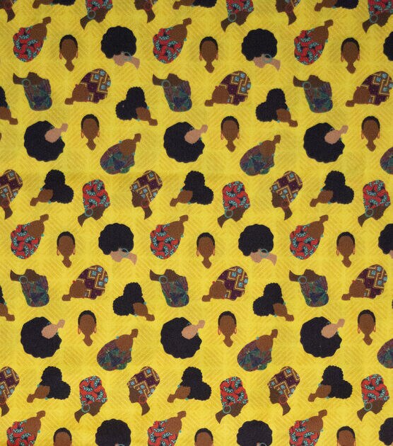Black History Month Coiffed Crowns Yellow Novelty Cotton Fabric