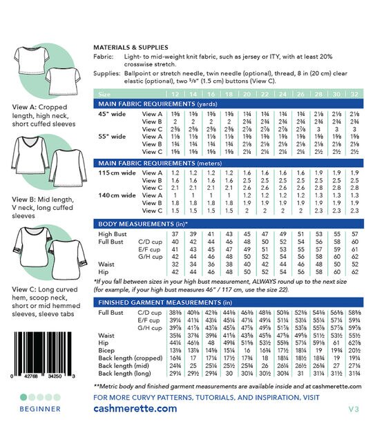 Cashmerette Size 12 to 32 Women's Concord T Shirt Sewing Pattern, , hi-res, image 2