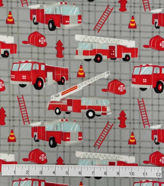 Fire Trucks on Plaid Nursery Flannel Fabric, , hi-res, image 3