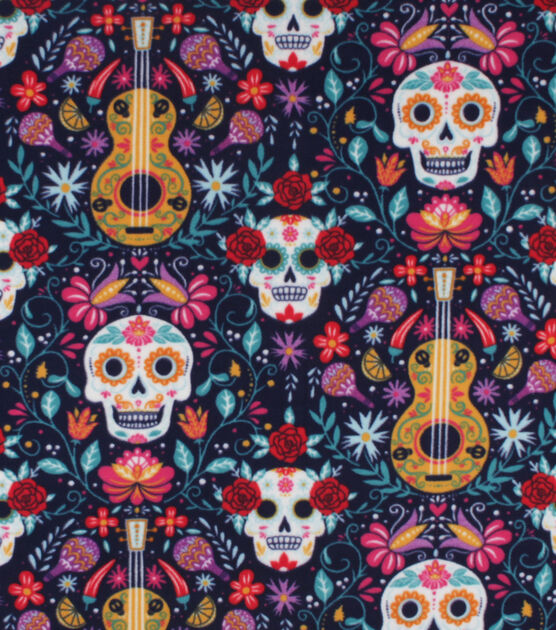 Day of the Dead Skeleton Heads & Floral Anti Pill Fleece Fabric