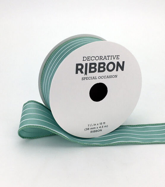 Save the Date 1.5"x15' White Stripe Green Woven Ribbon, , hi-res, image 4