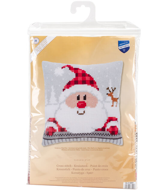 Vervaco 16" Santa in A Plaid Hat Cushion Cross Stitch Kit