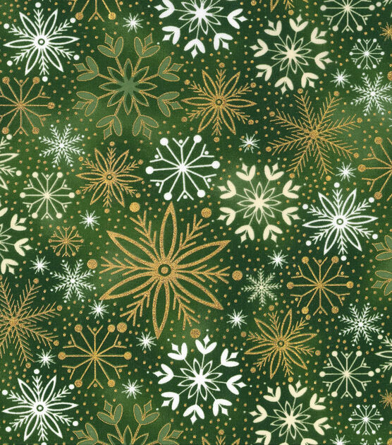Green Red Snowflakes Christmas Foil Cotton Fabric