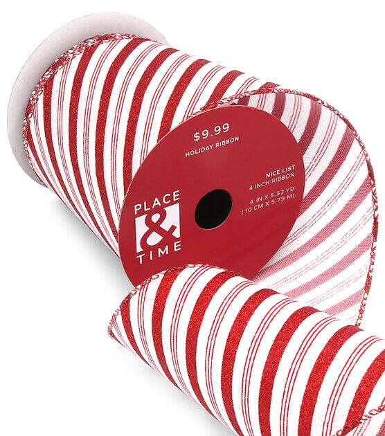 Candy cane stripes ribbon printed in red on 5/8 white single face satin,  10 Yards