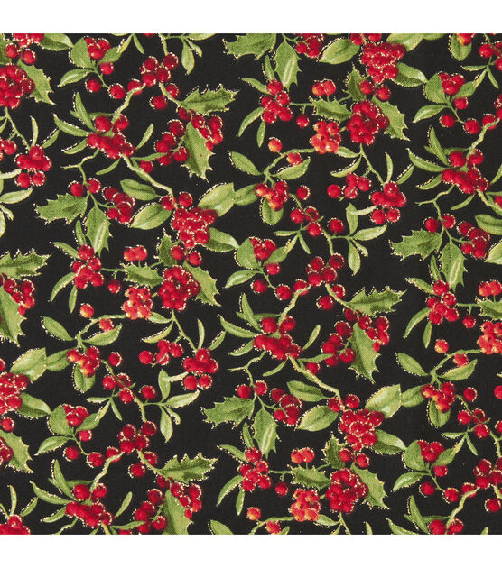 Fabric Traditions Holly Leaves & Berries Christmas Glitter Cotton Fabric