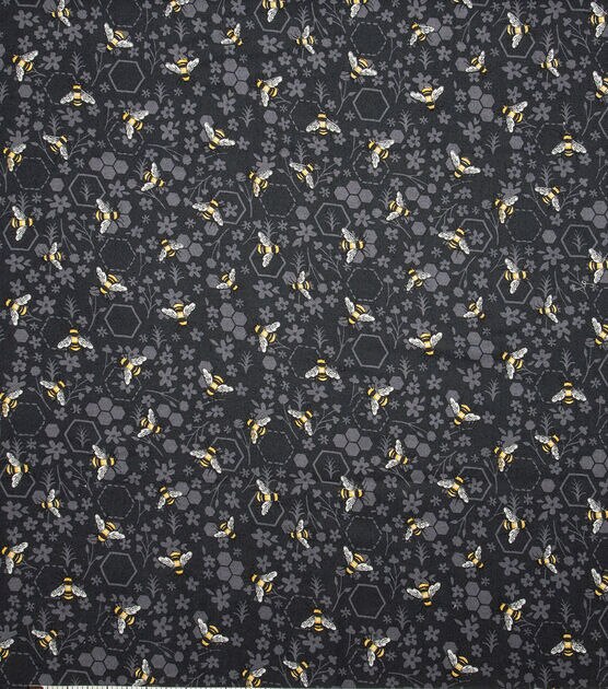 Bees On Black Floral Novelty Cotton Fabric, , hi-res, image 2