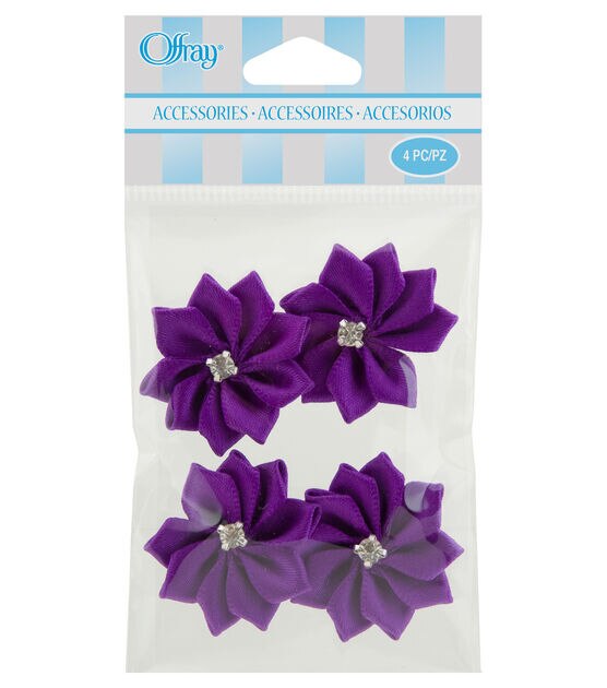 Offray Ribbon Accents Purple Flower with Rhinestone Center 4pcs
